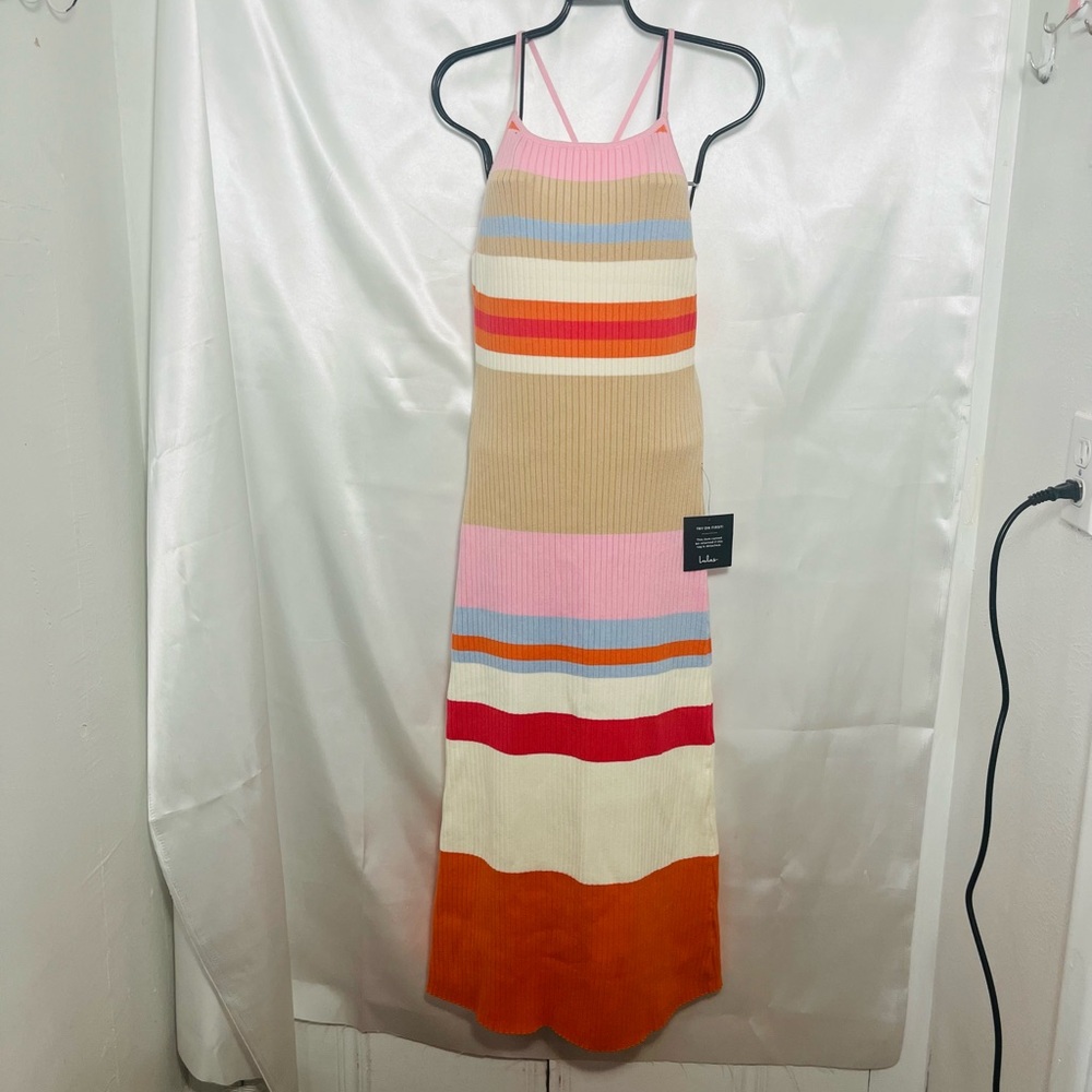 Lulu's Beige and Multicolor Striped Knit Dress Maxi ,